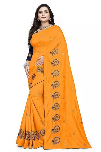 Yellow yellow & blue floral embroidered silk blend  jamdani saree