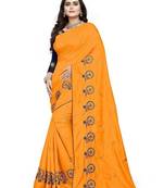 Yellow yellow & blue floral embroidered silk blend  jamdani saree