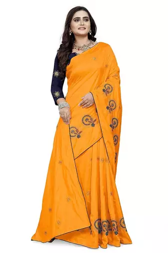 Yellow yellow & blue floral embroidered silk blend  jamdani saree
