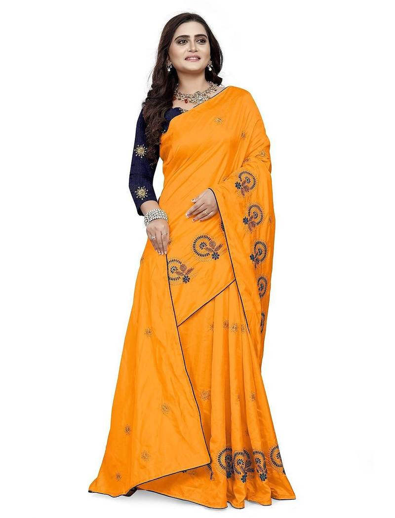 Yellow yellow & blue floral embroidered silk blend  jamdani saree