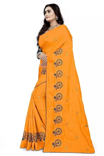 Yellow yellow & blue floral embroidered silk blend  jamdani saree