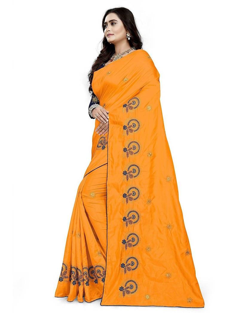 Yellow yellow & blue floral embroidered silk blend  jamdani saree