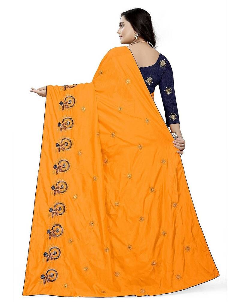 Yellow yellow & blue floral embroidered silk blend  jamdani saree