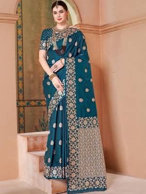 Teal embellished zari kanjeevaram saree 1