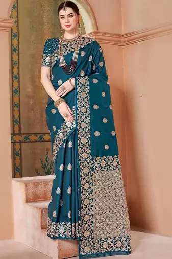 Teal embellished zari kanjeevaram saree