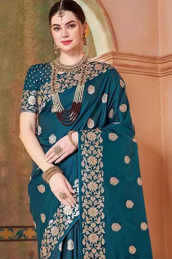 Teal embellished zari kanjeevaram saree
