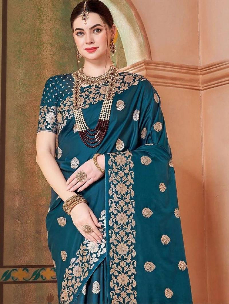 Teal embellished zari kanjeevaram saree