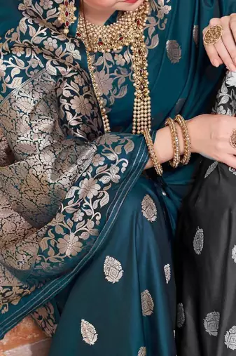 Teal embellished zari kanjeevaram saree