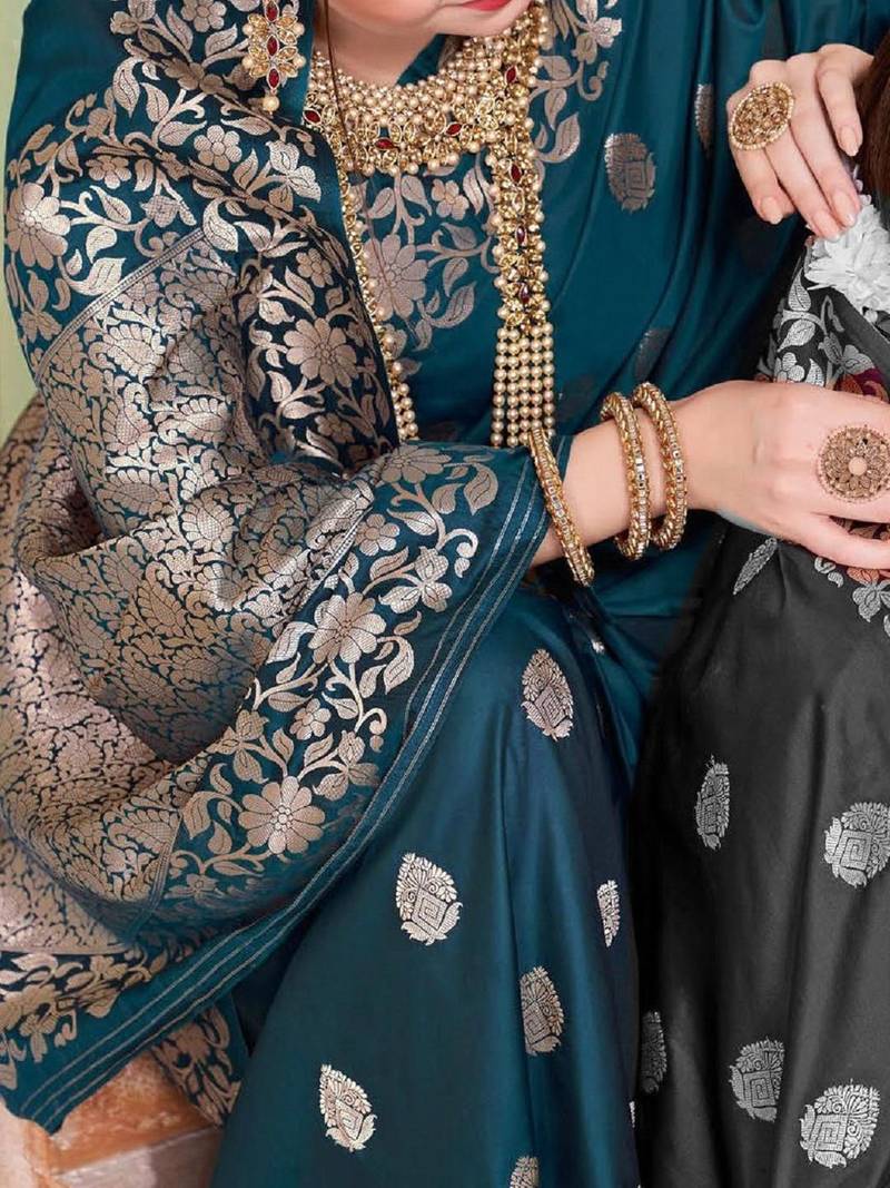 Teal embellished zari kanjeevaram saree
