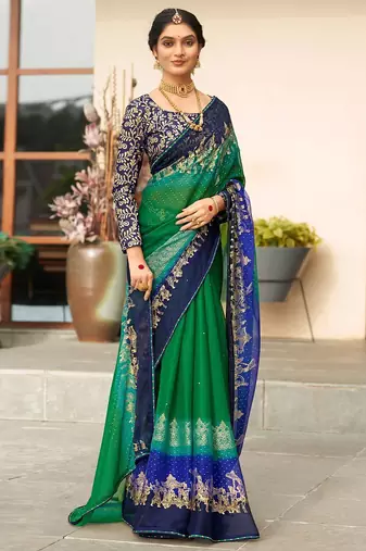 Green ethnic motifs zari poly chiffon saree