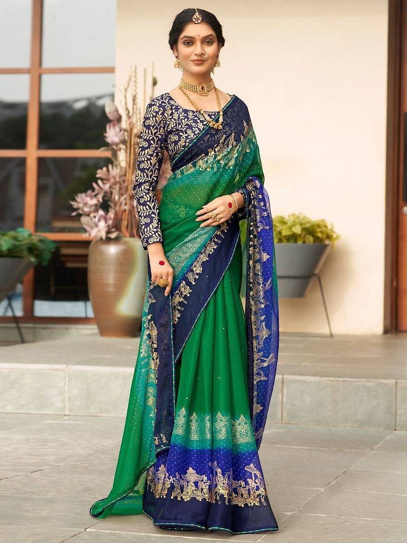 Green ethnic motifs zari poly chiffon saree