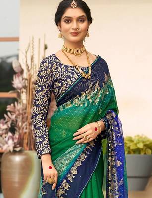 Green ethnic motifs zari poly chiffon saree 2