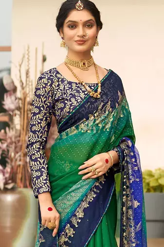 Green ethnic motifs zari poly chiffon saree