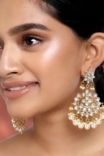 Faux kundan white pearl chandbali earrings indian bollywood jewelry