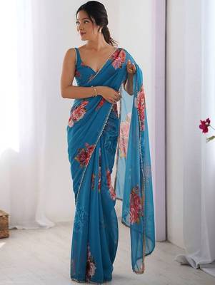 Blue floral pure chiffon saree 1