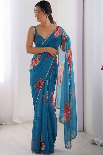 Blue floral pure chiffon saree