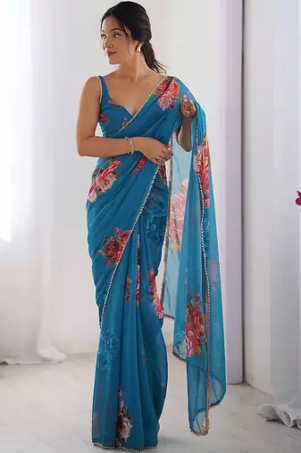 Blue floral pure chiffon saree