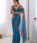 Blue floral pure chiffon saree