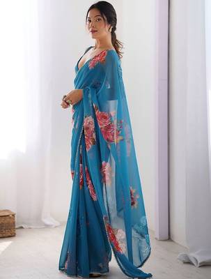 Blue floral pure chiffon saree 2