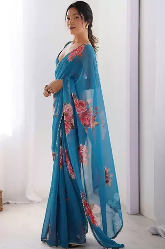 Blue floral pure chiffon saree