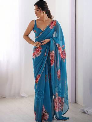 Blue floral pure chiffon saree 3