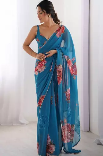 Blue floral pure chiffon saree