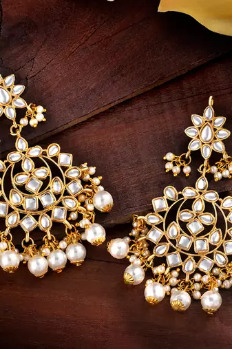 Faux kundan white pearl chandbali earrings indian bollywood jewelry