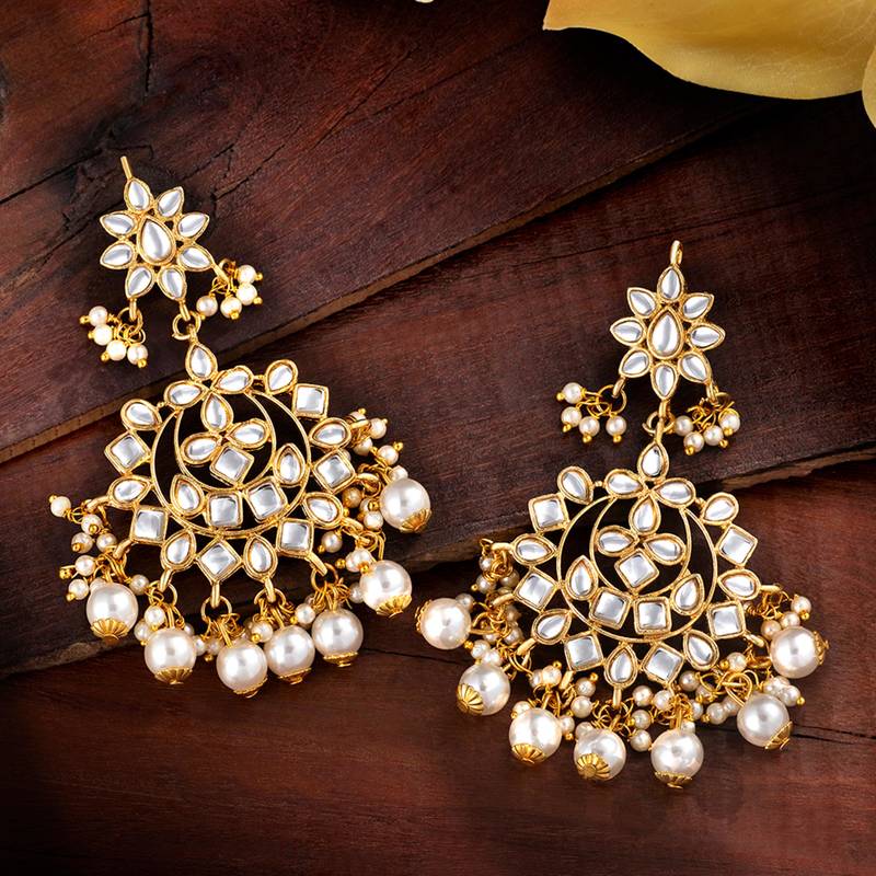 Faux kundan white pearl chandbali earrings indian bollywood jewelry