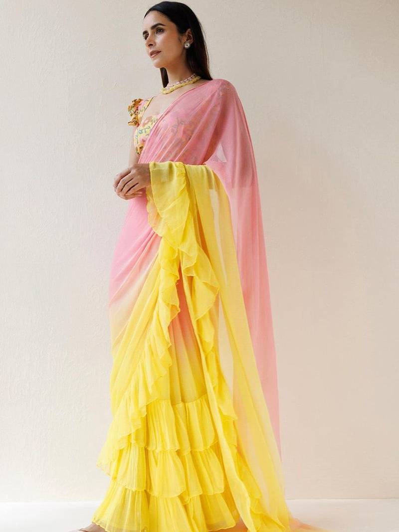 Multicolor ombre pure chiffon saree