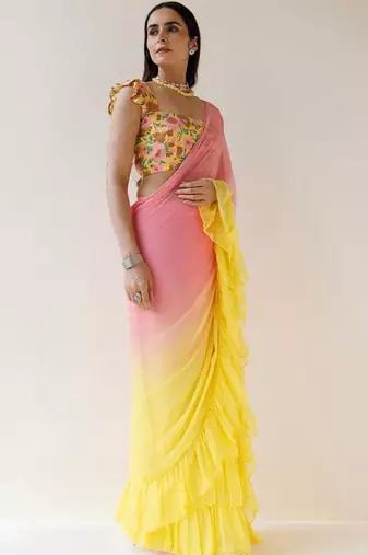 Multicolor ombre pure chiffon saree