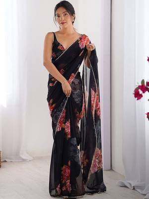Black floral pure chiffon saree 1