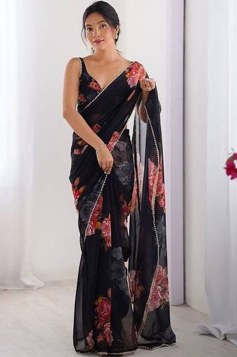 Black floral pure chiffon saree