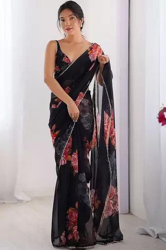 Black floral pure chiffon saree
