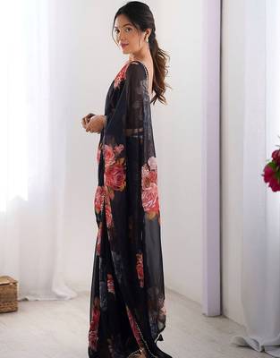 Black floral pure chiffon saree 2