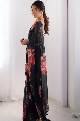 Black floral pure chiffon saree