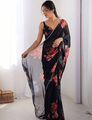 Black floral pure chiffon saree 3