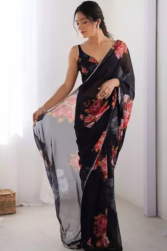 Black floral pure chiffon saree