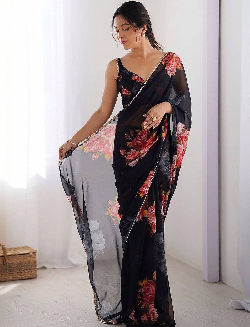 Black floral pure chiffon saree