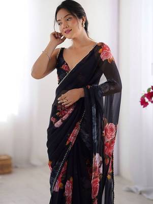Black floral pure chiffon saree 4