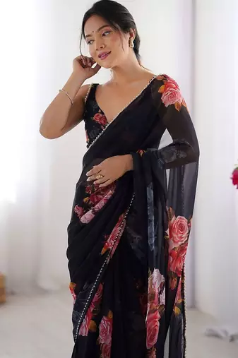 Black floral pure chiffon saree