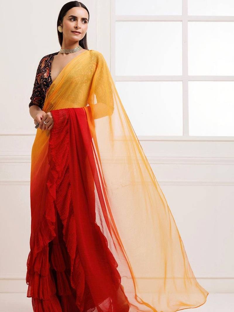 Multicolor ombre pure chiffon saree