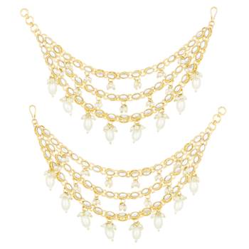 Gold plated white kundan beads studded earrings chain ethnic stylish fashion hair accessories jewellery gift for women 1