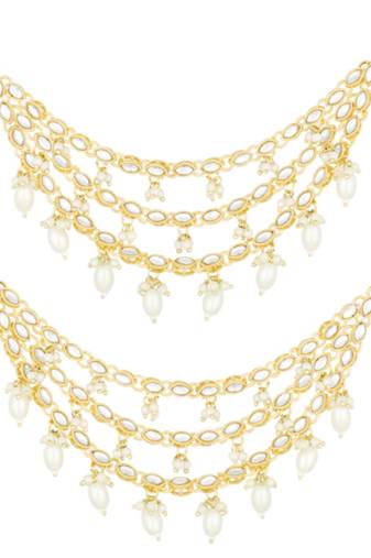 Gold plated white kundan beads studded earrings chain ethnic stylish fashion hair accessories jewellery gift for women
