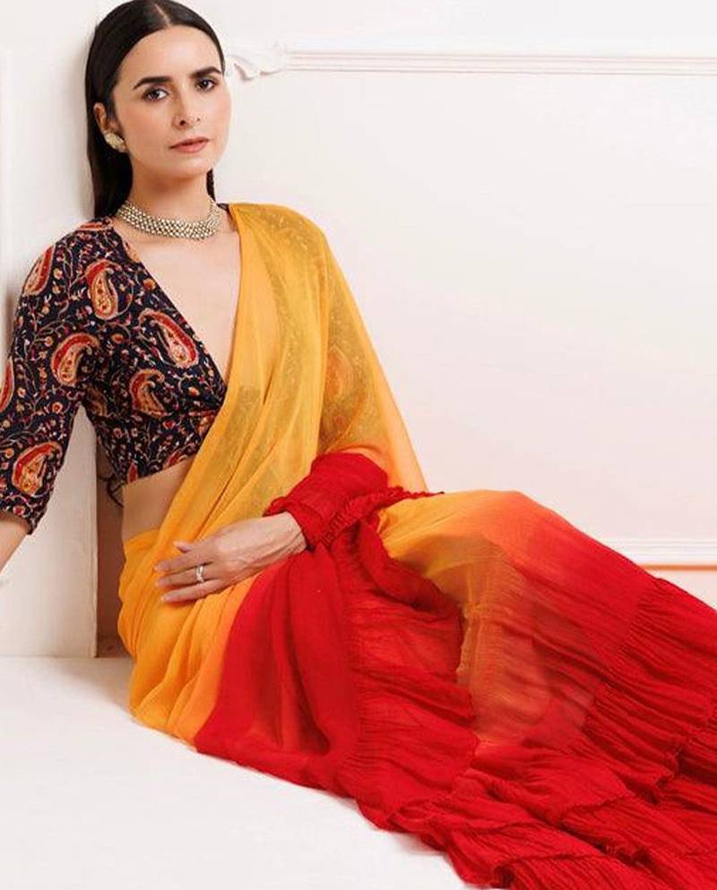 Multicolor ombre pure chiffon saree