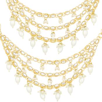 Gold plated white kundan beads studded earrings chain ethnic stylish fashion hair accessories jewellery gift for women 2