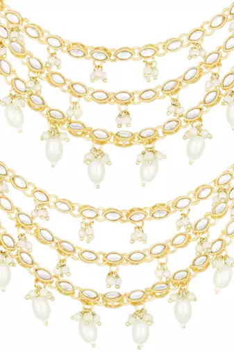 Gold plated white kundan beads studded earrings chain ethnic stylish fashion hair accessories jewellery gift for women