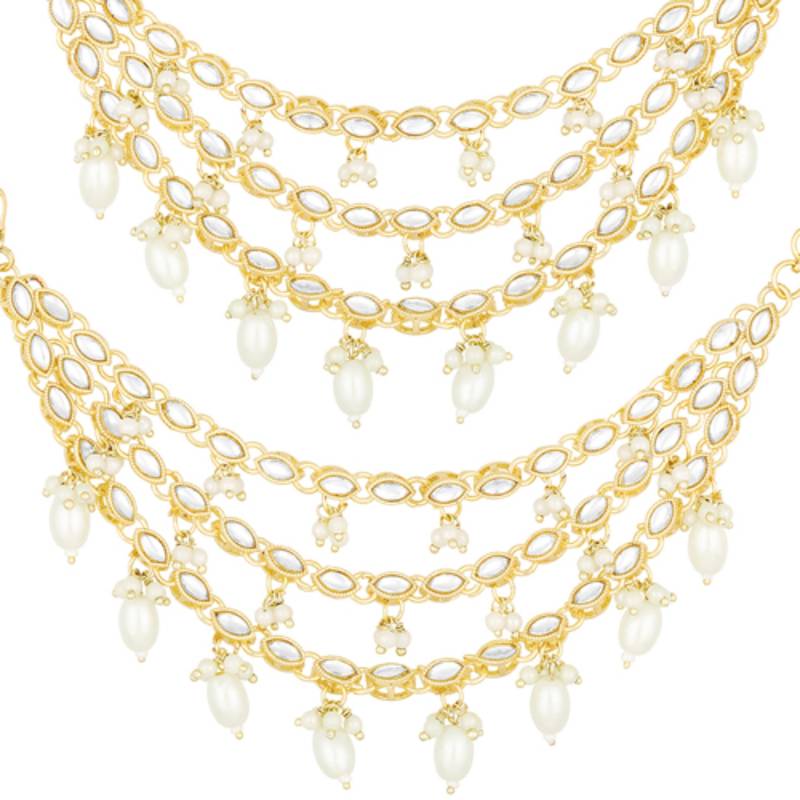 Gold plated white kundan beads studded earrings chain ethnic stylish fashion hair accessories jewellery gift for women
