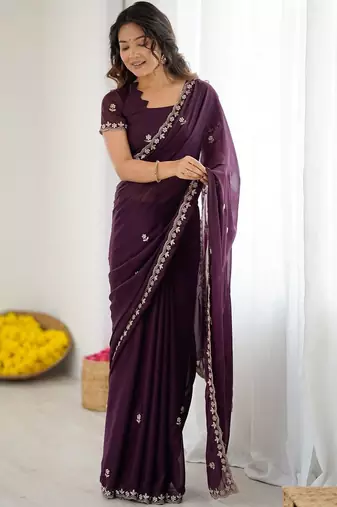 Purple embellished embroidered pure georgette saree
