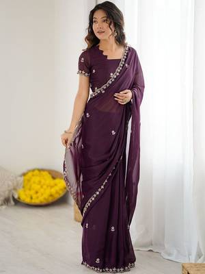 Purple embellished embroidered pure georgette saree 4