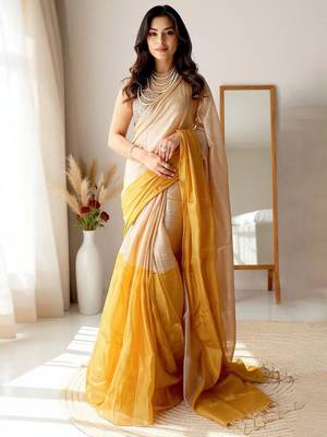 Beige zari tissue kasavu saree 1
